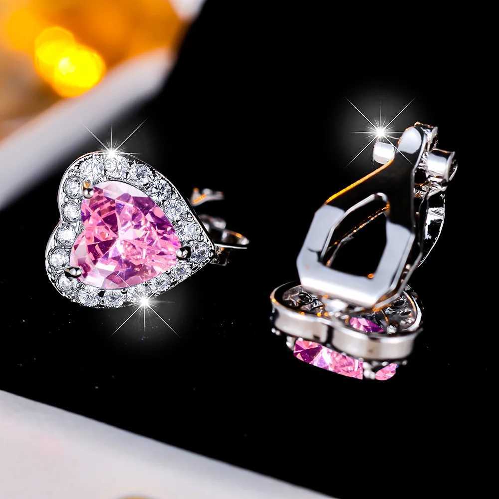 Cute female small pink blue zircon heart-shaped clip earrings retro silver zircon wedding jewelry W241017