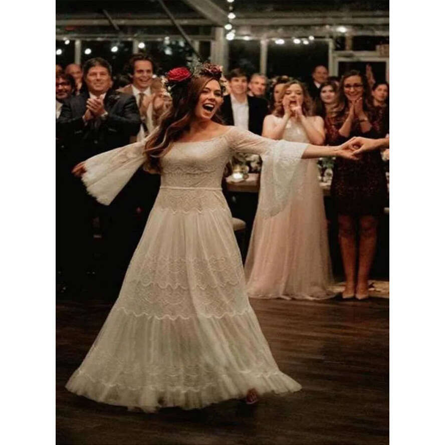 Wedding Boat Dresses Neck Long Sleeve Lace Bridal Gowns A E Sweep Train Vestido De Novia Bc3023