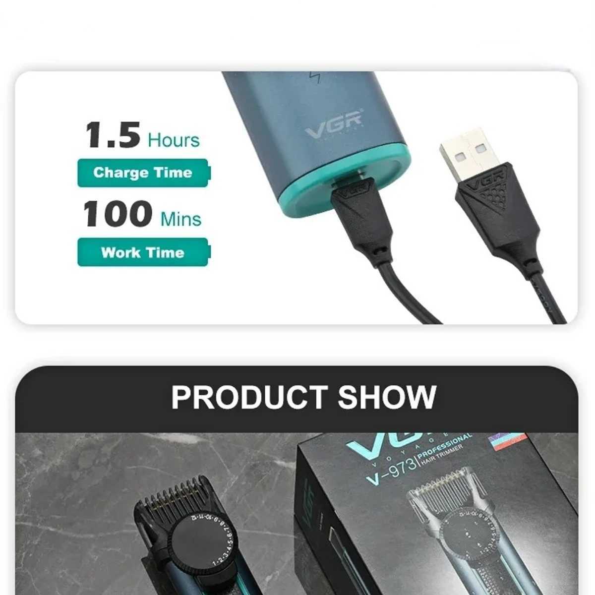 VGR rechargeable trimmer professional trimmer waterproof trimmer mens digital display trimmer V-973 W241017