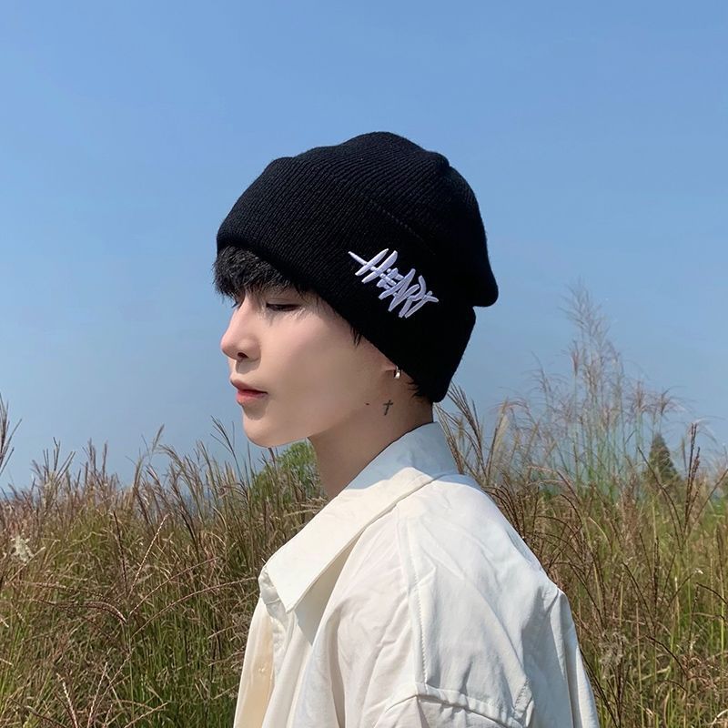 Stylish Korean Style Knitted Cap with HE Emblem - Ideal for Couples During Cold Season