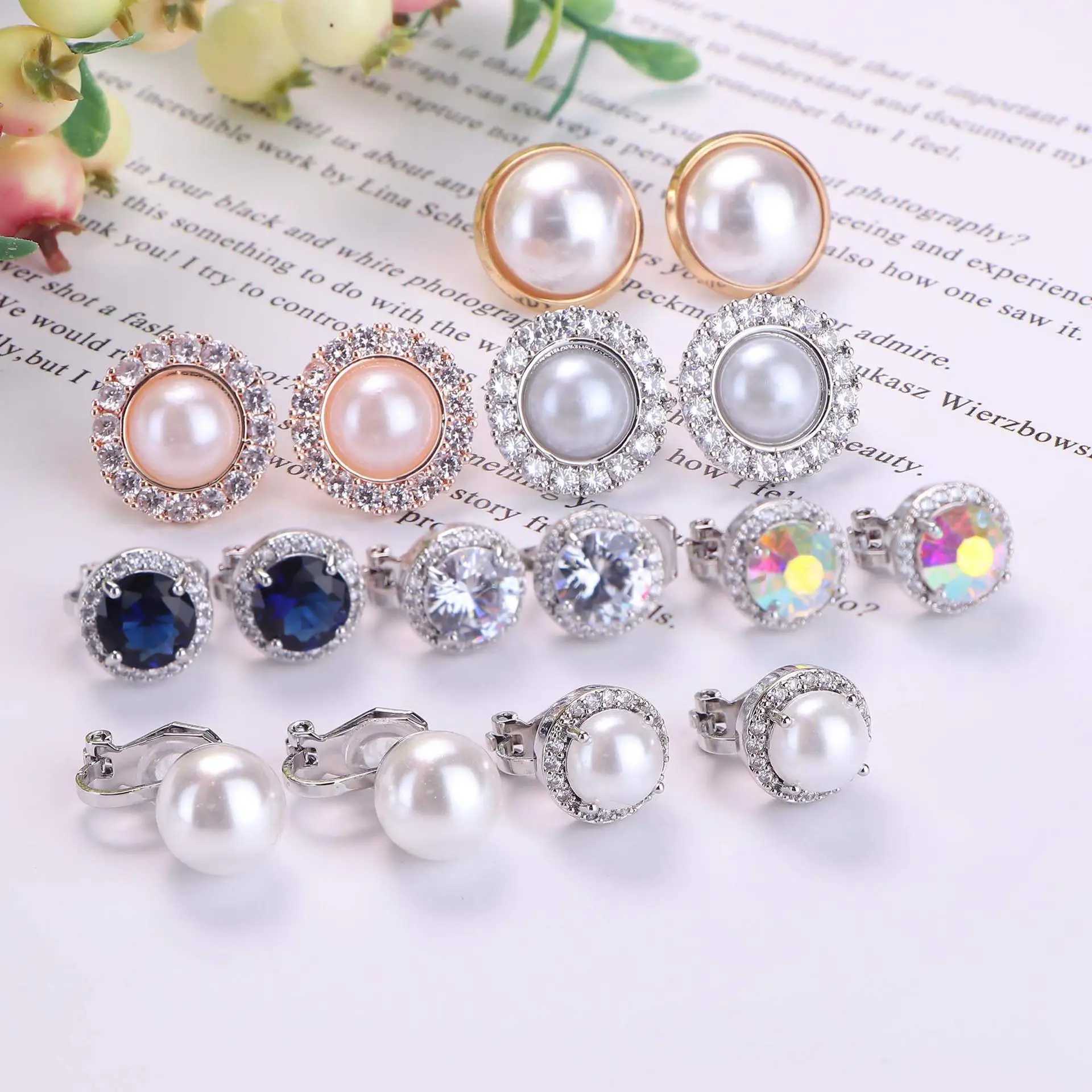 1 pair of candy colored geometric zircon pearl earrings European earrings Womens earrings clip fake perforated earrings W241017