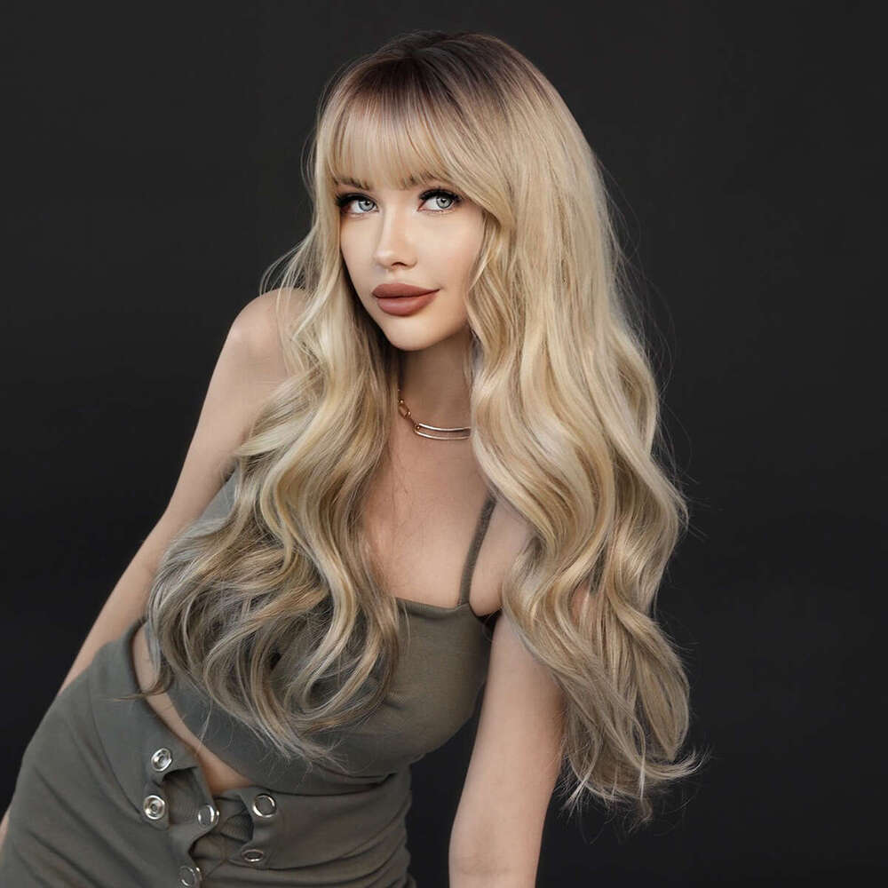 Ladies' Bangs, Long Curly Hair, Gradient En, Gold Wavy Wig, Synthetic Rose Mesh Full Head Cover