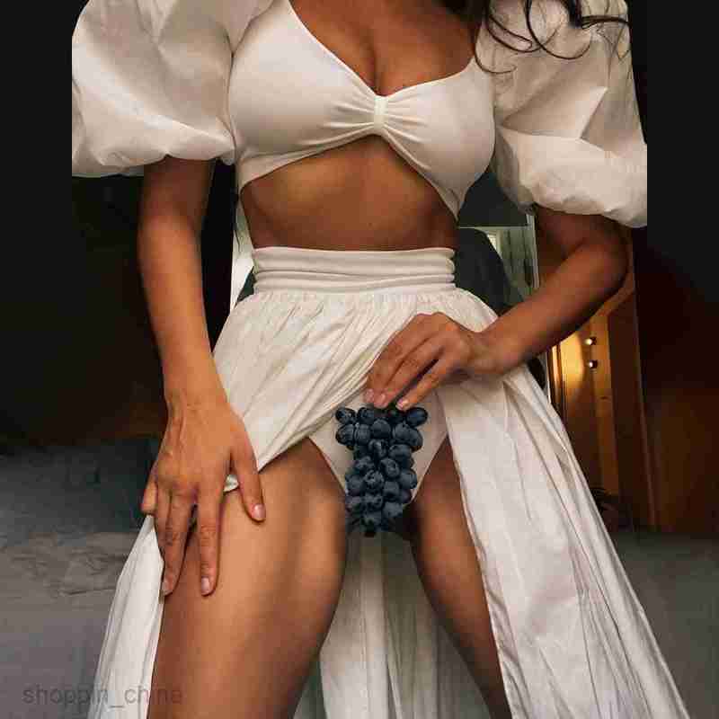 Basic Casual Women Dresses New long skirt two-piece set with bubble sleeves, waist cinched high slit long skirt set