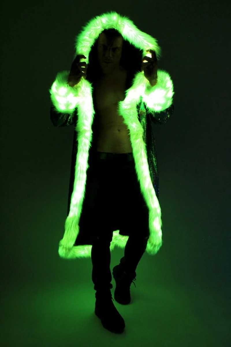 LED glitter faux fur mens jacket nightclub patch workwear long hoodie comfortable holiday party music festival clothing faux fur leather jacket W24122
