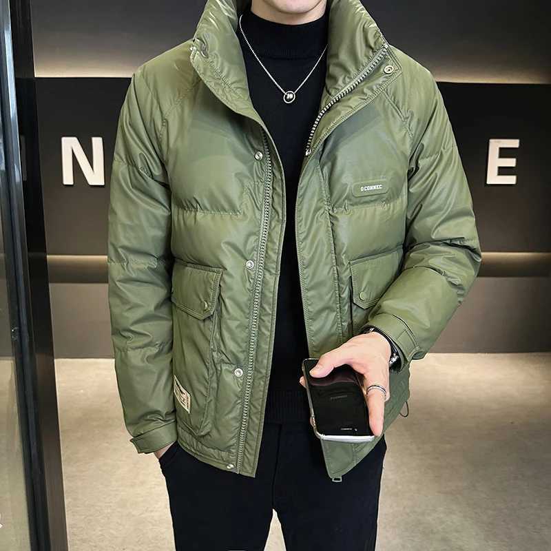 Mens winter down jacket shiny waterproof thick warm white duck down jacket casual stand up collar windproof short jacket X241017