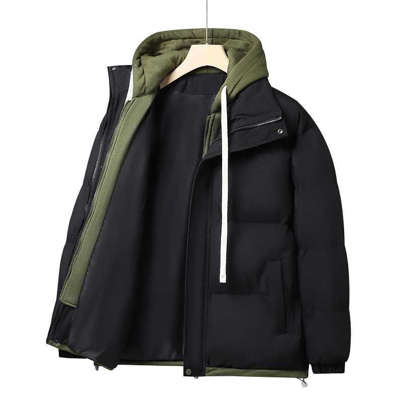 Patchwork Hooded Puffer Jacket Mens Thick Warm Winter Jacket Mens Cotton Pads Windproof Parkas Fake Two Piece Jacket X241017