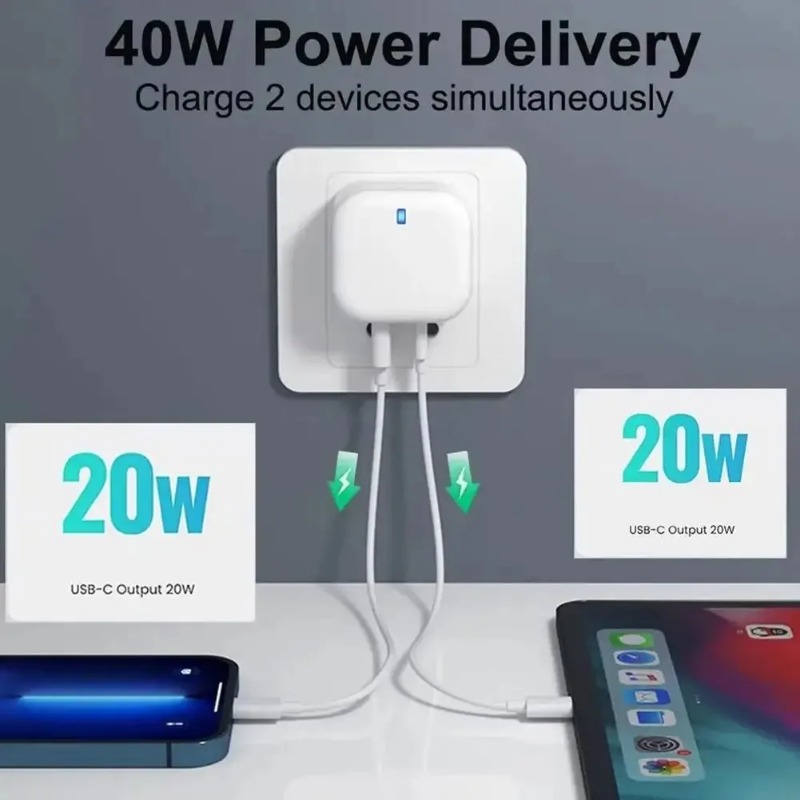 40W Dual USB C Wall Charger PD Fast Charging Block Type C Quick Charging Power Adapter US/EU/UK Plug For iPhone 16 15 14 13 Pro 12 Pro Mini iPad Samsu