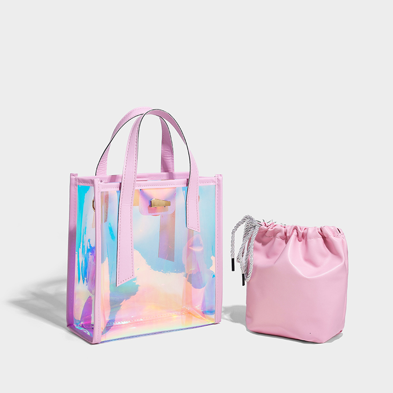 Women's Laser Bag 2024 New Candy Colored Small Bucket Tote Bag With Wallet Hologram Transparent Jelly Bags Design