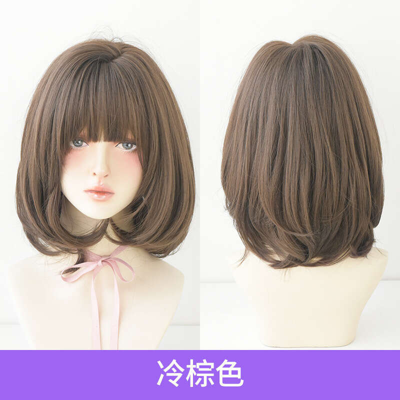 Women's Shoulder Length Bob Short Straight Hair Black Gold Spot Dyed Inner Button Layered Wig Full Head Set