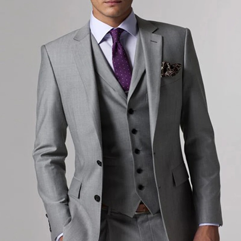 Gray Formal Mens Suits For Business 3 Piece Formal Wedding Groomsmen Tuxedo Male Fashion Set Jacket Pants Vest Smoking Costume