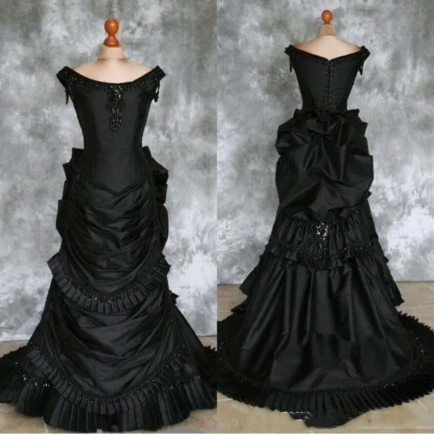 Taffeta Gothic Black Beaded Victorian Bustle Gown With Train Vampire Ball Masquerade Halloween Wedding Dress Bc2634