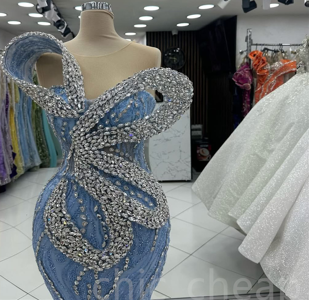 Aso Ebi 2024 Light Sky Blue Mermaid Prom Dresses Rhinestones Sequined Lace Evening Formal Party Second Reception Birthday Gowns Dress For Special Occa