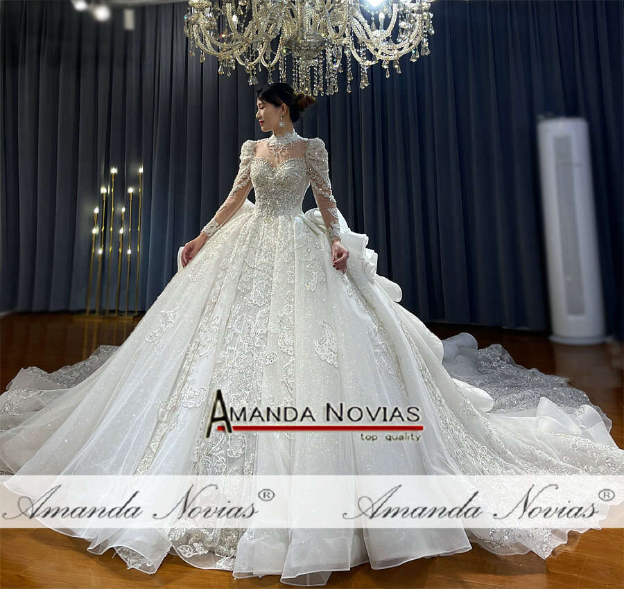 Lace Applique Crystal Beading Royal Train Wedding Dress