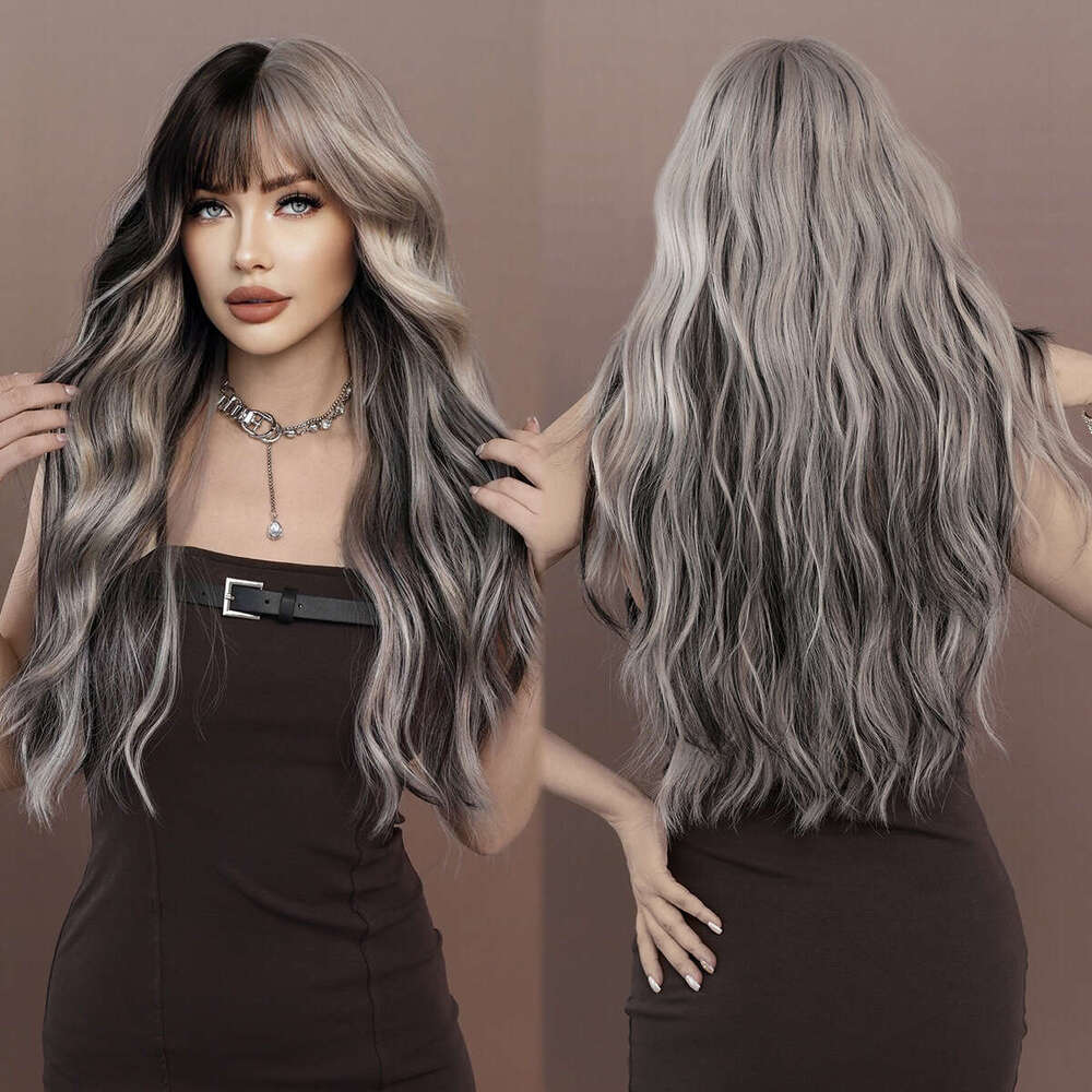 Sier Highlights Ash Synthetic Long Wavy Wig With Bangs