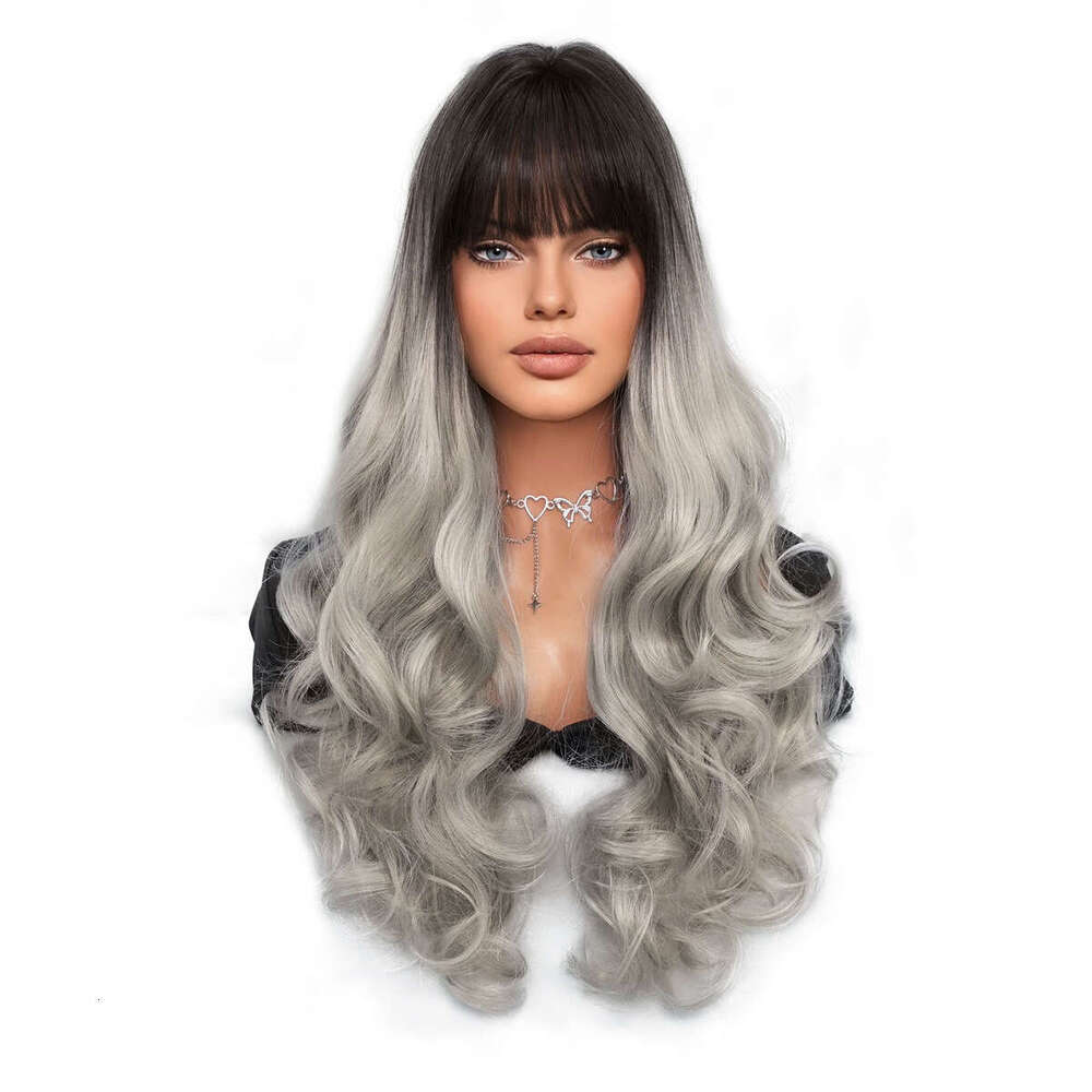 Fashion Gradient Silver Gray Long Hair, Big Curly Head Female Stage Performance Wig, Full Top