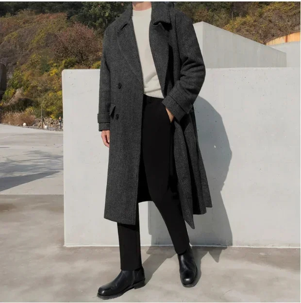 Mens winter woolen coat Korean version of the trend herringbone pattern in long thick lapel size 2XL 241017
