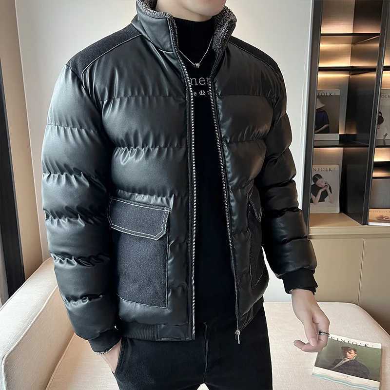 High quality brand autumn jacket mens leather jacket thick windproof Parka large pocket stand up collar warm solid fluffy jacket X241017
