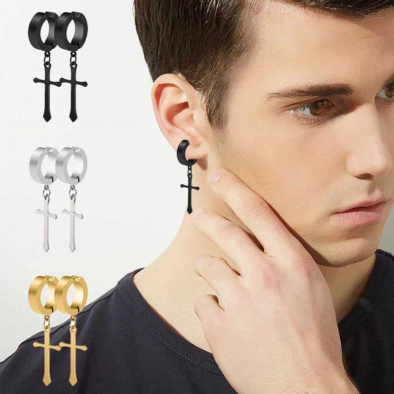 Crosses Dangle Ear Clip Mens and Womens False Earrings Stainless Steel Clip on Earrings W241017