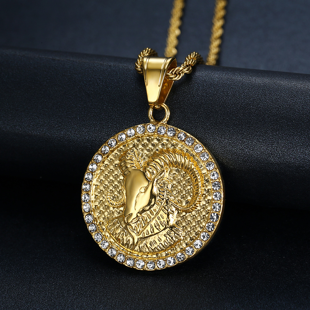 Retro 12 Constellations Round Pendant Necklace Stainless Steel 18K Gold Plated Jewelry Gift