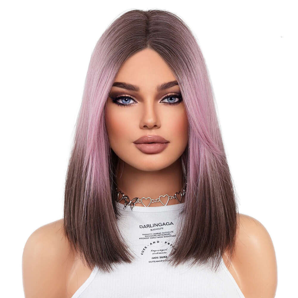 Small T Wig Pink Gradient Brown Short Straight Hair Medium Differentiated Fiber High Temperature Silk Bob Lace Front Wigs