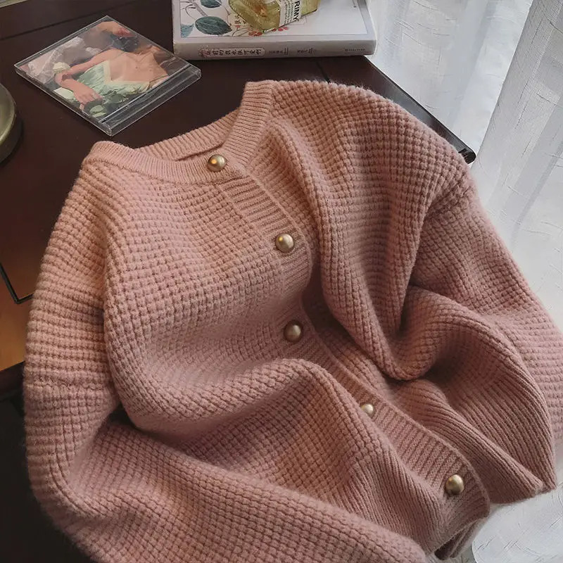 Autumn Winter Round Neck Long Sleeve Fashion Sweater Women Solid Color Waffler Button Cardigan Elegant All-match Chic Tops 241017