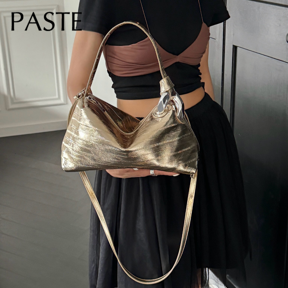 Metallic Horizontal Stripe Design Large Capacity Tote Sier Gold Color Cowhide Leather Female Shoulder Bag Big Fashion Handbag