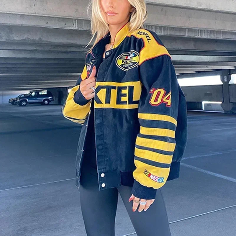 Cool girl print casual zipper long sleeved racing jacket winter clothing retro color lock women bomber jacket streetwear 241017