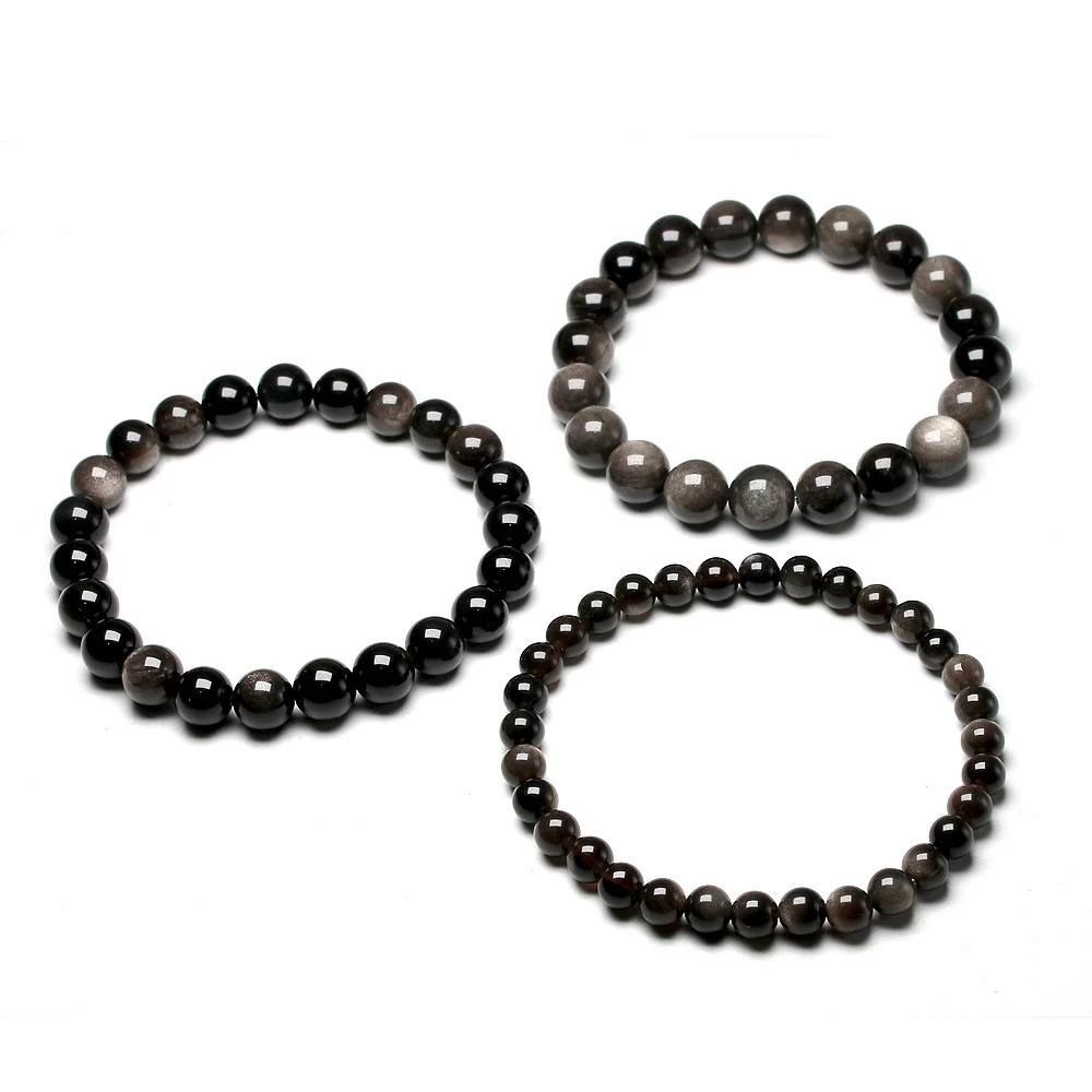 Natural silver obsidian bracelet mens jewelry stone beads round bracelet energy bracelet womens Valentines Day gift jewelry 241017