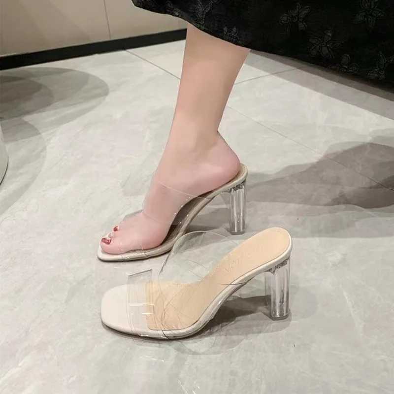 Summer high heels womens shoes fashion transparent high heels sexy hollow breathable slider square toe womens shoes transparent shoe slider Y241017