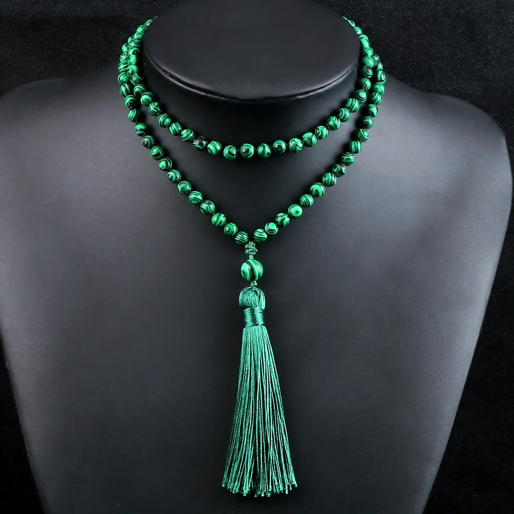 108Mala Natural Peacock Stone Bead Necklace for Men Blue Turquoise Black Agate Prayer Tassel Necklace Meditation Yoga Jewelry 241017