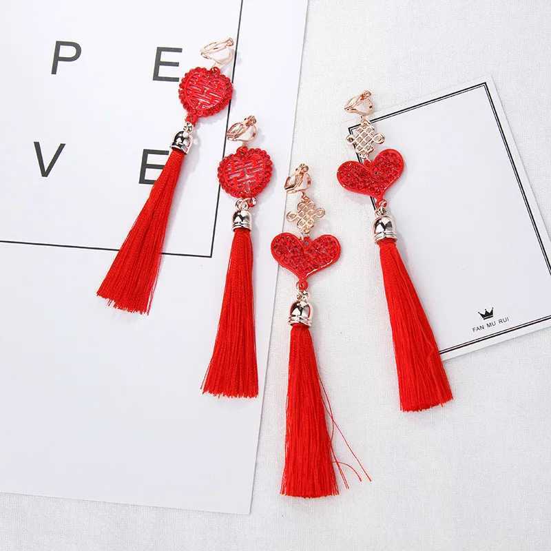 Chinese style red tassel pendant earrings womens fashion ethnic geometry charm clip on jewelry party gifts W241017