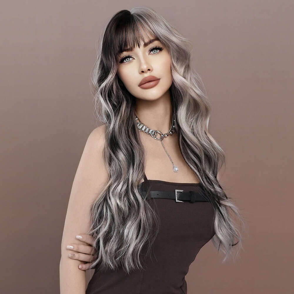 Sier Highlights Ash Synthetic Long Wavy Wig With Bangs