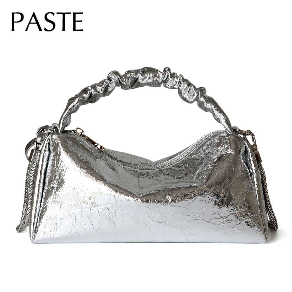 New Niche Stylish Pleated Handle Tote 2025 Sier Metallized Cowhide Leather Women Shoulder Chain Strap Crossbody Bag