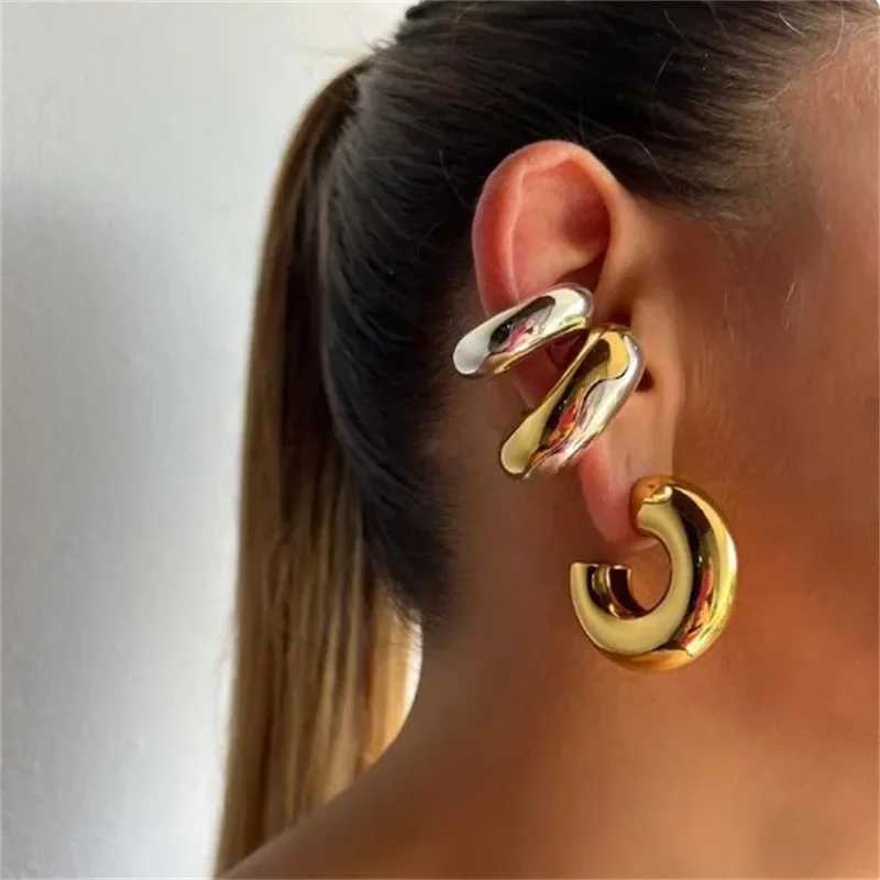 Punk unperforated thick circular clip earrings suitable for women gold-plated C-shaped earrings cuff screw tube thick earrings jewelry gifts W241017