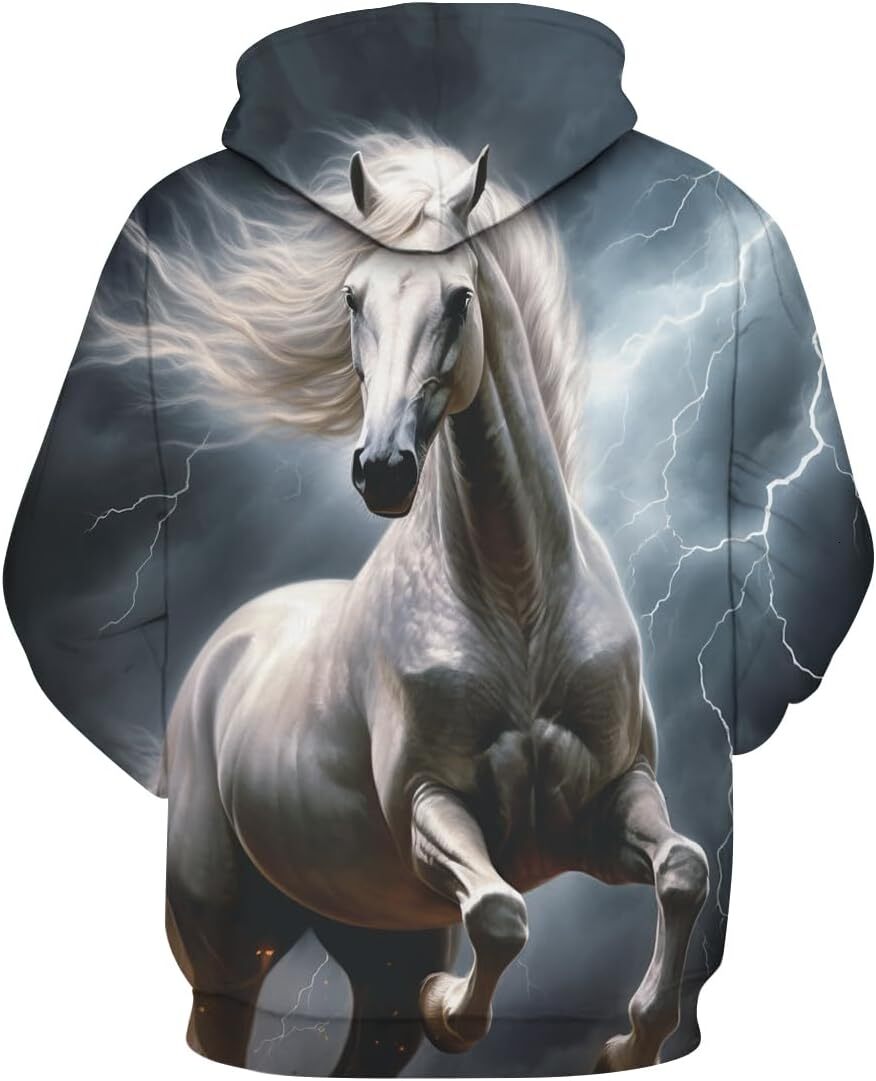 Hoodie for Mens Womens Unisex Funny White Horse Lightning Hoodies 3D Novelty Pattern Printed Graphic Hoodies sweatshirt Pullover Long Sleeve