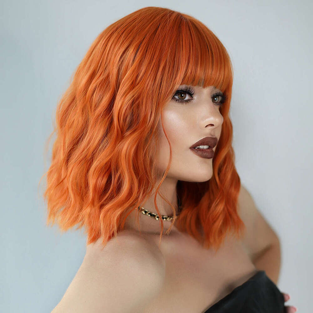 New Dirty Orange Wig Women's Short Air Bangs Medium Long Curly Synthetic Hair Cover