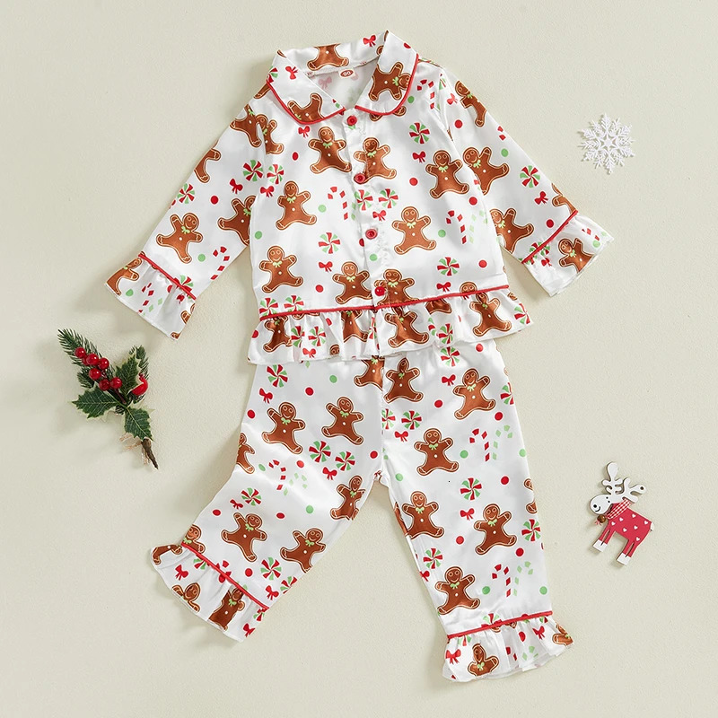 Baby Girl 2Pcs Christmas Pajamas Long Sleeve Gingerbread Print Shirt Pants Set Toddler Sleepwear 241017