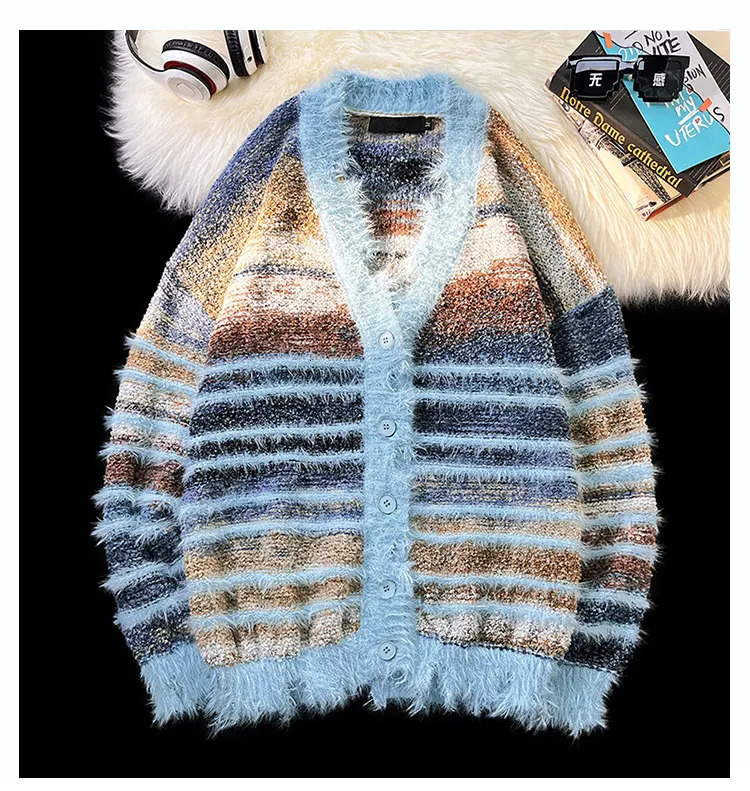 2024 Men Autumn Winter Striped Knitted Jackets Male Oversize Long Sleeve Cardigans Mens Vneck Casual Sweater Coats S414 241017