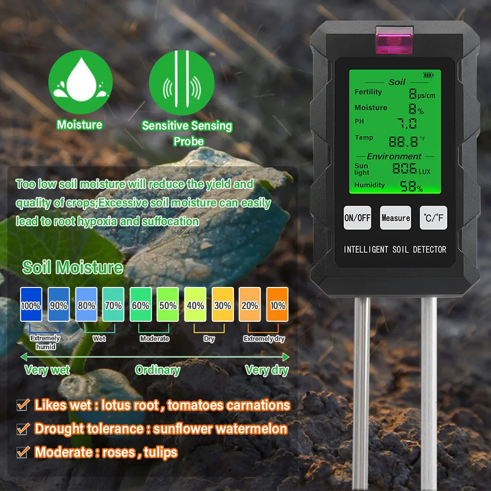 Digital 6-in-1 Soil PH Meter Soil Fertility Soil Moisture Sunlight Environment Humidity Temperature Tester Monitoring Instrument Garden Soli Analyzer 