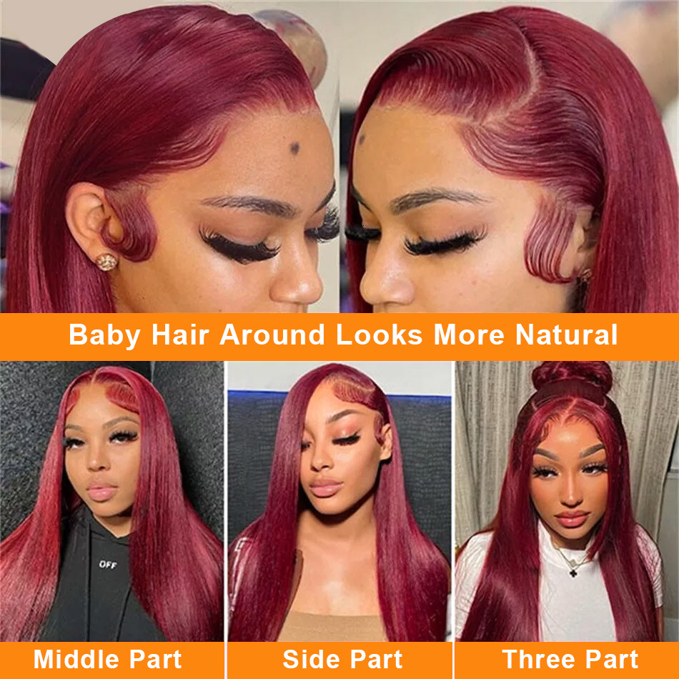 200 Density 30 32 Inch 99J Bury Straight 13X4 Front Human Hair Wig 13X6 Lace Frontal Wigs Red Curly Remy Brazilian Wine