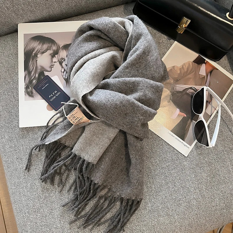 100% wool scarf womens British style Tatar solid cashmere with tassels winter warm neck 241009