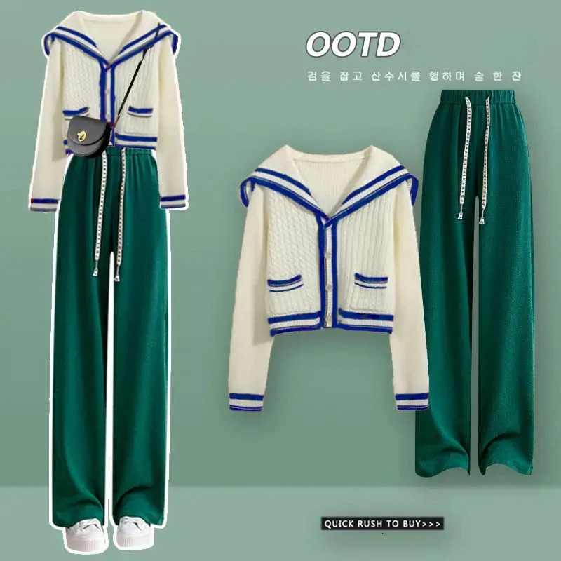 Knitted spring preparatory style sailor neck womens knitted cardigan elastic wide leg pants long sleeved Korean sportswear set 241017