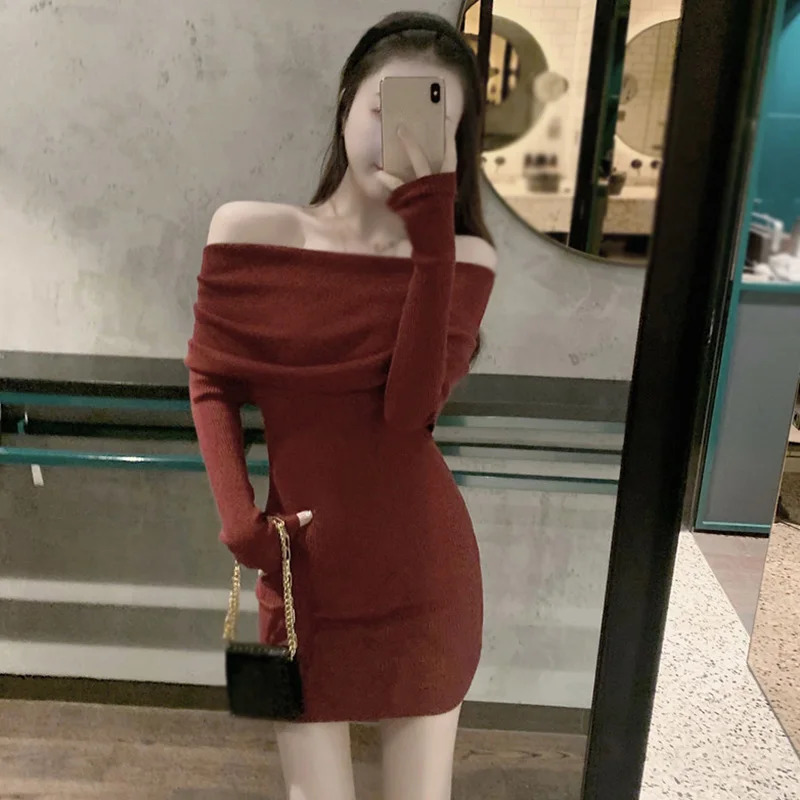 Autumn Winter Christmas Off Shoulder Red Womens Dress Slim Sexy Fashion Temperament Dresses 241017