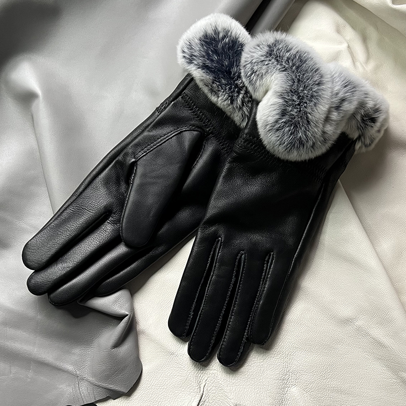 Autumn winter women's genuine leather gloves 100% real rex rabbit fur genuine sheepskin mittens black red blue pink