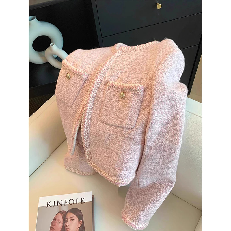 MEXZT Elegant Tweed Jacket Women Sweet Cropped Pink Coat Winter Korean Single Breasted Blazer Ladies Vintage Short Outerwear 241017