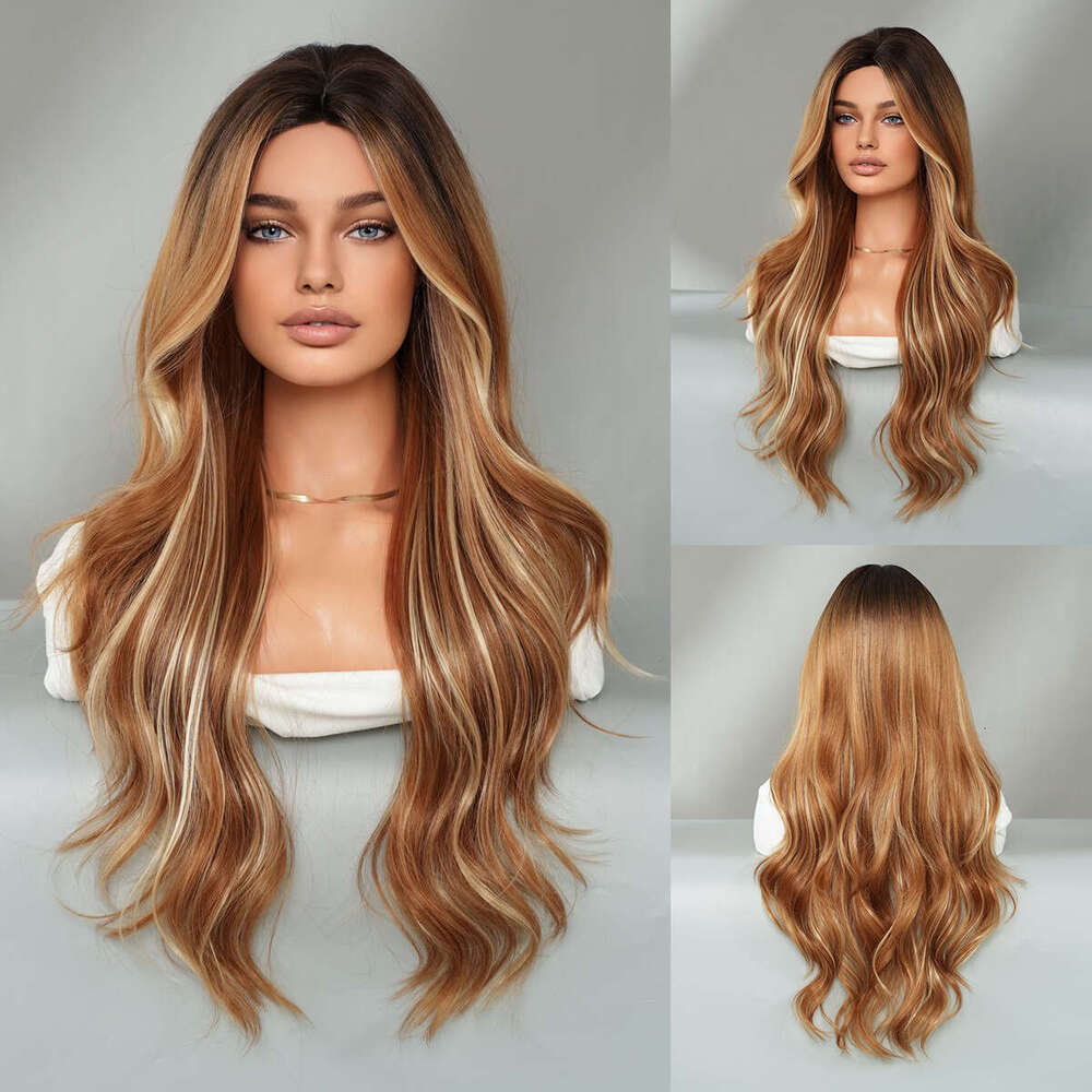 New Intermediate Color Wig With Long Curly Hair In Amber Brown, Dyed Gold Synthetic Fiber Full Head Cover