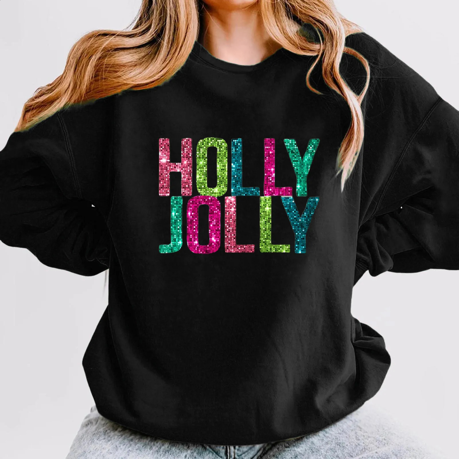 Christmas Casual Long Sleeves Y2k Hoodies Trend Holly Jolly WomenS Sweatshirts Colourful Letters Graphic Oversize Sports Suit 241017