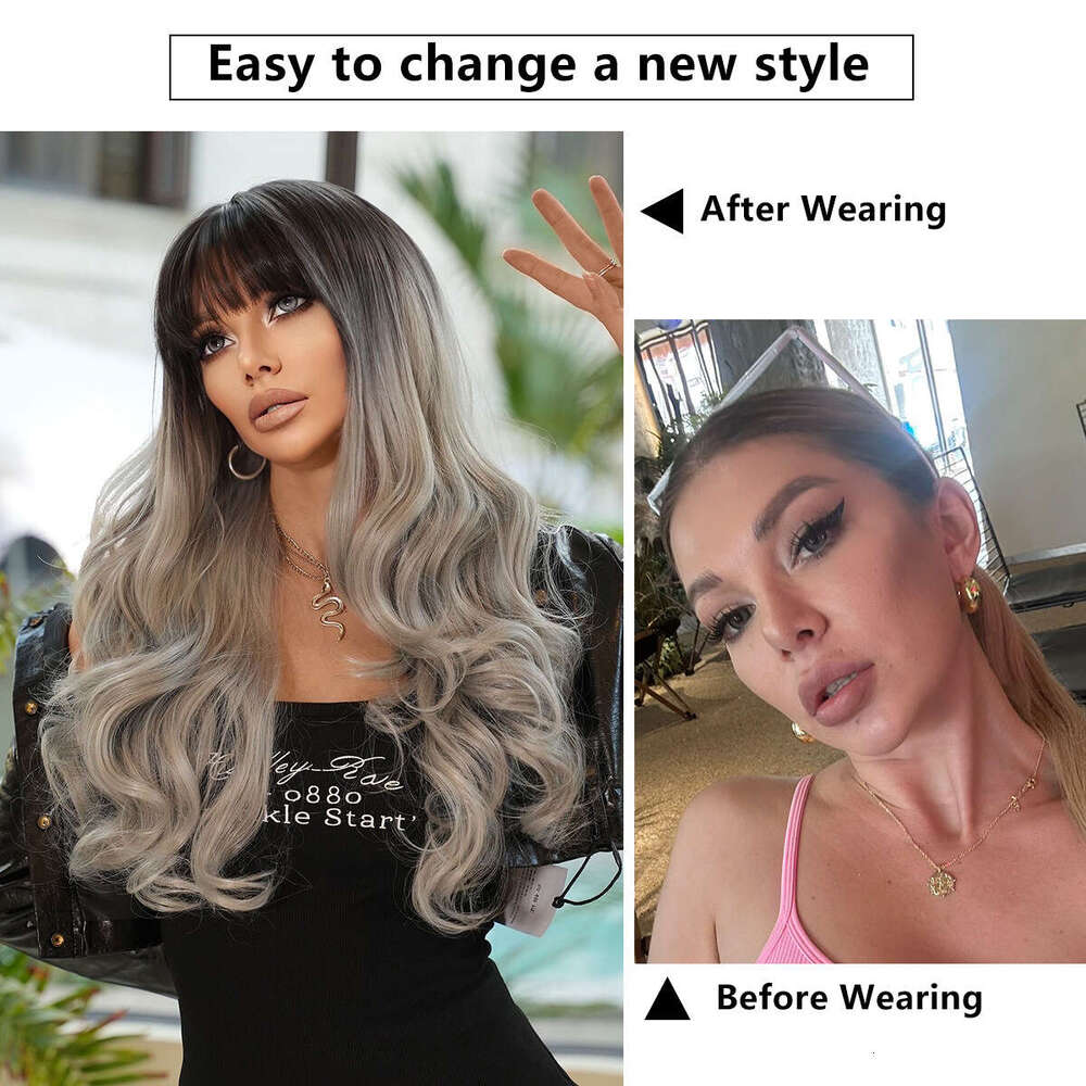 Fashion Gradient Silver Gray Long Hair, Big Curly Head Female Stage Performance Wig, Full Top