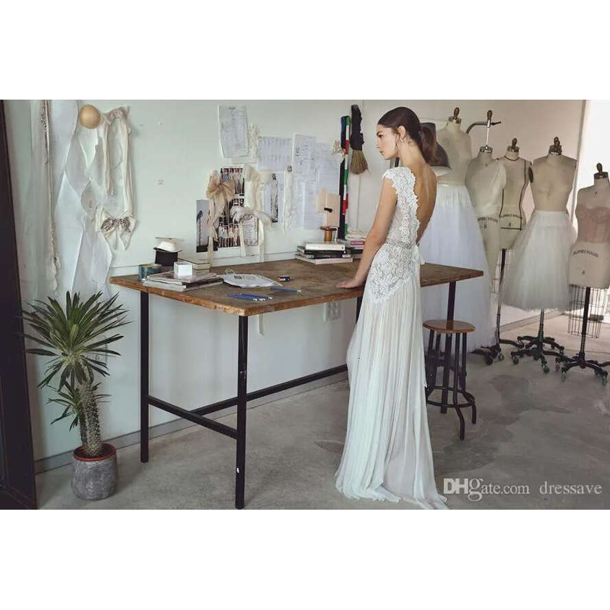 Wedding Modest Dresses Boho 2019 Cap Sleeves V Neck Open Back Pleated Skirt Lace Chiffon Elegant A E Beach Bridal Gowns