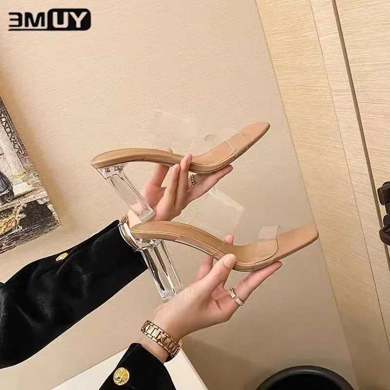 Summer high heels womens shoes fashion transparent high heels sexy hollow breathable slider square toe womens shoes transparent shoe slider Y241017